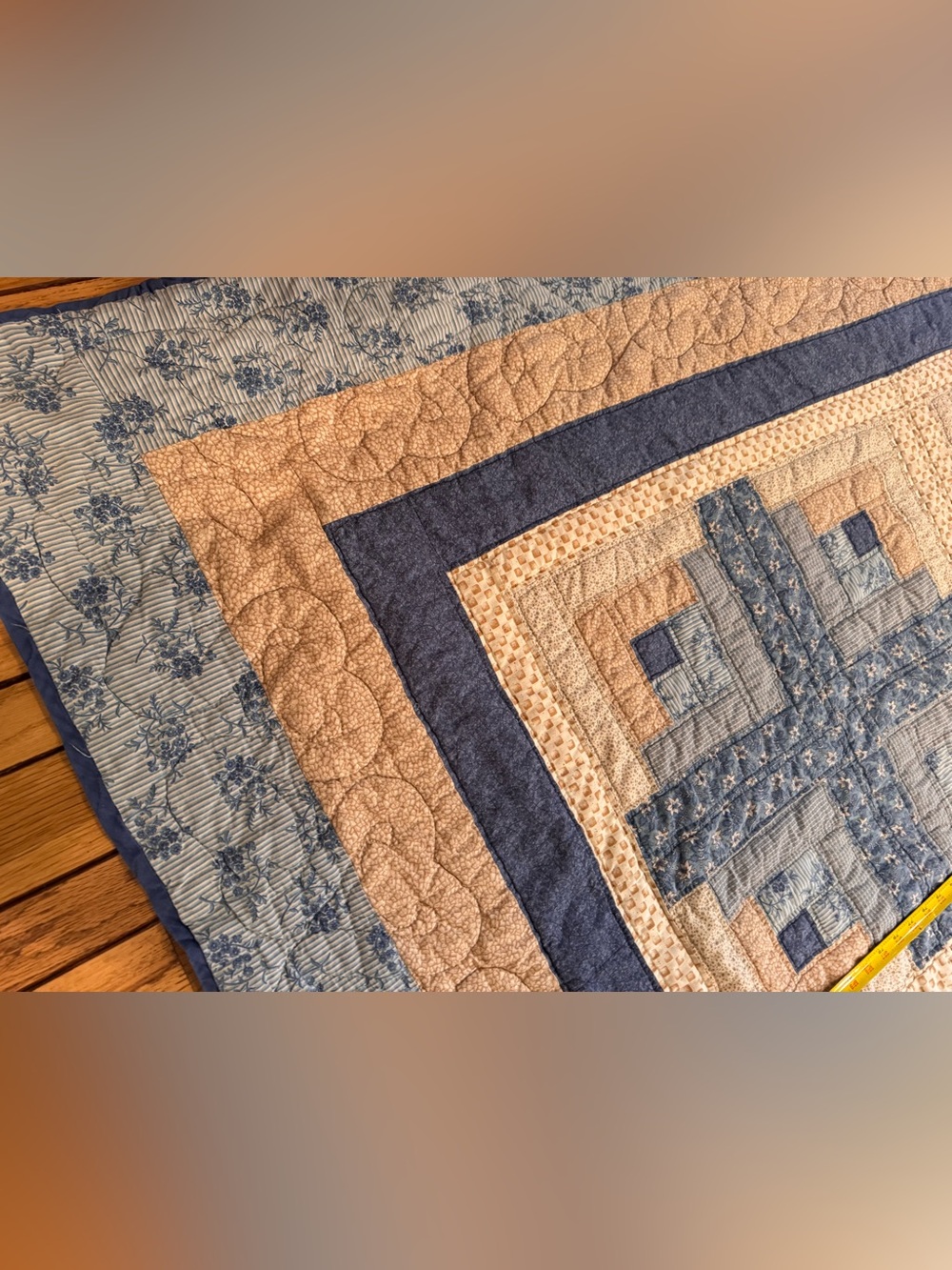 Handmade Log Cabin pattern quilt with blue and tan fabrics - Picture 10 of 16